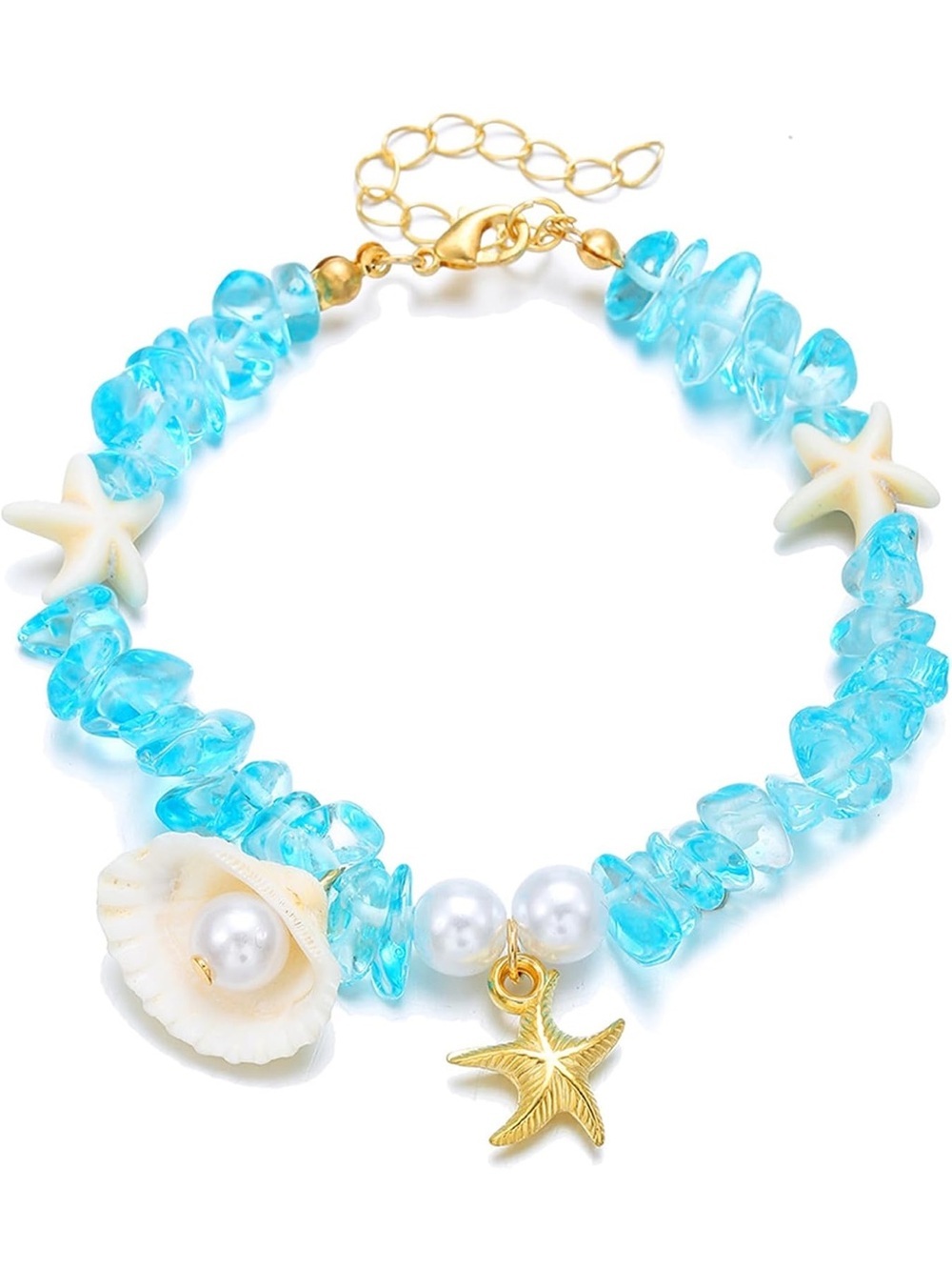 Anthropologie Turquoise Beaded Shell & Starfish Bracelet - Gold Accents